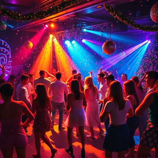 A vibrant holiday disco party on a lively dance floor with colorful lights, people dancing joyfully, confetti in the air, and festive decorations, capturing the energy and fun of a celebration