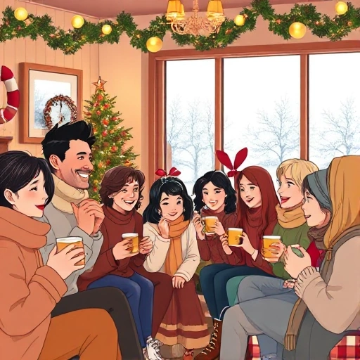 A warm, inclusive holiday scene with diverse people of all ages and backgrounds gathered in a cozy indoor space decorated with soft lights, garlands, and subtle festive ornaments. A large window shows gentle snowfall outside. People are sharing smiles, holding mugs of hot drinks, and exchanging small gifts. The atmosphere is peaceful, joyful, and universally welcoming — no specific cultural or religious symbols dominate, emphasizing unity and shared happiness.