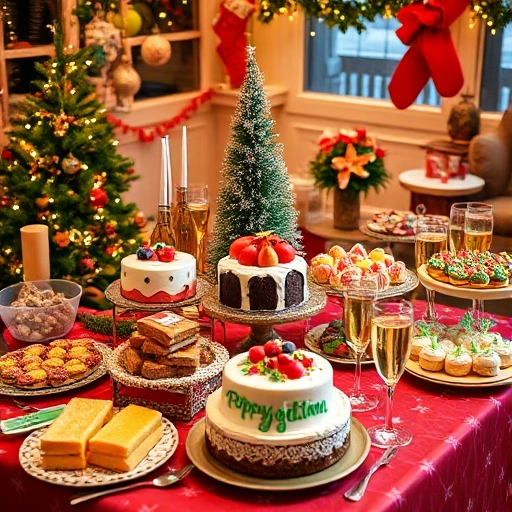 A festive table filled with colorful holiday treats such as decorated cakes, pastries, fruits, candies, and sparkling drinks, arranged joyfully to convey celebration and delight, warm lighting, cozy atmosphere