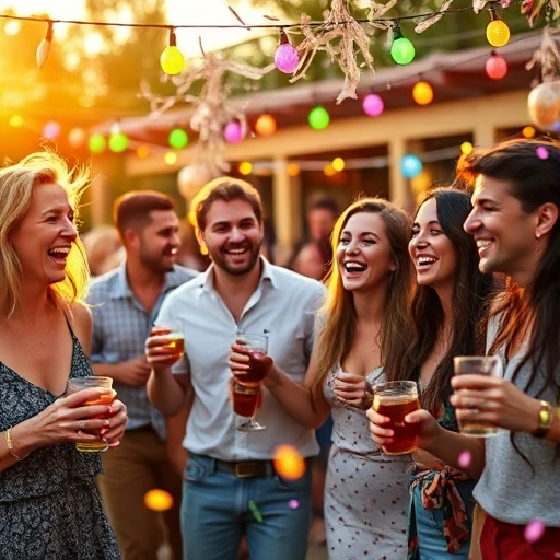 A group of joyful adults laughing and dancing at a vibrant outdoor party with colorful string lights, holding drinks and smiling, surrounded by festive decorations and confetti in the air, warm golden hour lighting, candid moment of pure fun and relaxation
