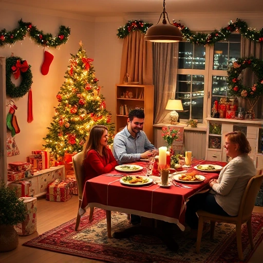 A cozy home interior with festive decorations, a decorated Christmas tree, wrapped gifts, a table set with a festive meal, and happy people preparing for a holiday celebration, smallHQ