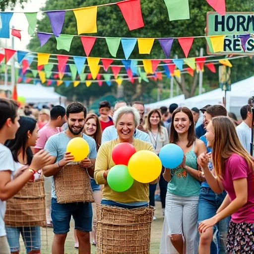 A cheerful group of diverse people participating in fun games and entertainment at an outdoor festival: sack race, three-legged race, balloon popping, face painting, and laughing together under colorful banners and string lights, daytime, vibrant atmosphere