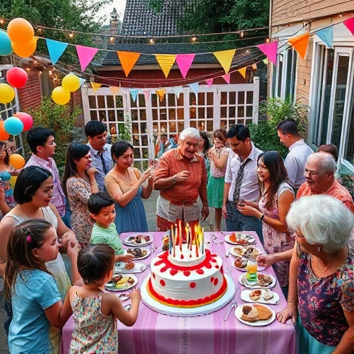 A vibrant, joyful celebration scene featuring people of various ages and interests: children playing with balloons and toys, teenagers dancing to music, adults enjoying food and conversation, and elderly guests smiling and sharing stories, all gathered in a beautifully decorated outdoor garden with colorful banners, string lights, tables with diverse snacks and drinks, and a central cake with candles, capturing inclusivity and festive energy