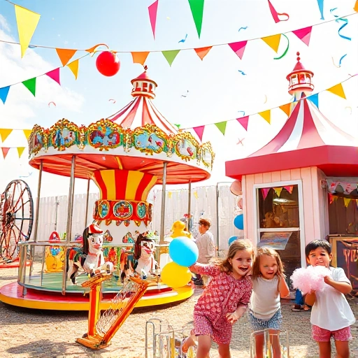 A joyful children's party scene with colorful carnival rides and games: a small Ferris wheel, a carousel with painted horses, a ring toss booth, a duck pond game, and kids laughing while holding balloons and cotton candy. Bright decorations, streamers, and confetti fill the air under a sunny sky. Soft shadows, vibrant colors, and a warm, festive atmosphere.