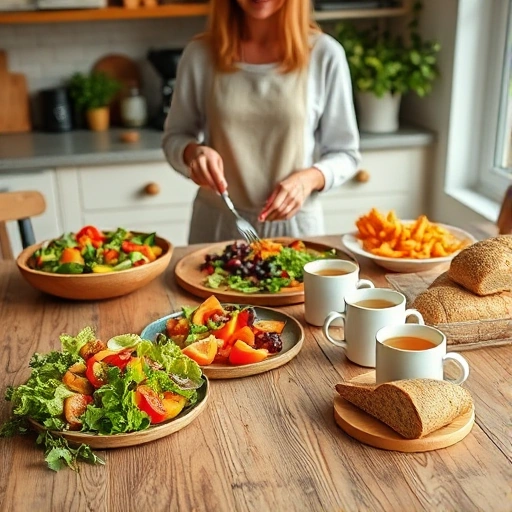 A cozy home kitchen scene with a person preparing healthy festive dishes: colorful vegetable salads, fruit platters, whole grain bread, and herbal tea on a wooden table, soft natural lighting, warm and inviting atmosphere, no text or symbols visible