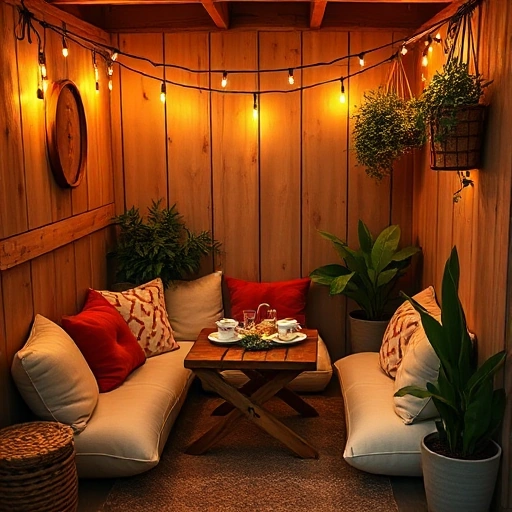 A cozy corner for all guests at a celebration, featuring warm lighting, soft cushions, a small wooden table with tea cups and pastries, string lights overhead, and a few potted plants creating an inviting, intimate atmosphere