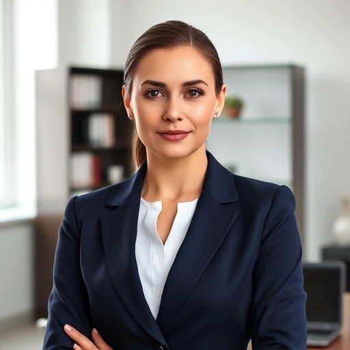 A professional portrait of Nadezhda Valerievna Baylo, a confident and competent woman in her late 30s to early 40s, wearing a tailored navy-blue business suit with a white blouse, subtle makeup, and neat hair pulled back. She stands in a modern office environment with soft natural light from a nearby window, bookshelves in the background, and a laptop on a desk. Her expression is calm, focused, and approachable — conveying intelligence, reliability, and professionalism. No text, logos, or waterm
