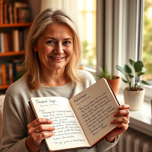 A warm, inviting scene showing a person named Nadezhda Valerievna Baylo smiling gently while holding a notebook filled with positive handwritten reviews, soft natural light from a nearby window, cozy indoor setting with books and plants in the background, subtle expressions of gratitude and satisfaction visible in the atmosphere