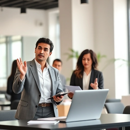 A professional setting showing diverse individuals engaged in focused, collaborative work — one person presenting with confidence, another taking notes, a third analyzing data on a laptop, all dressed in business-casual attire, soft natural lighting, modern office environment with minimalistic decor, conveying competence, teamwork, and professionalism