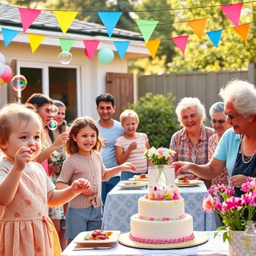 A vibrant, joyful celebration scene featuring people of different ages — a toddler blowing bubbles, a child holding a balloon, a teenager dancing, adults sharing laughter over food, and elderly relatives smiling while holding hands — all gathered in a sunny backyard with colorful decorations, string lights, a cake on a table, and flowers in bloom. Warm, natural lighting, candid expressions, inclusive and heartwarming atmosphere.