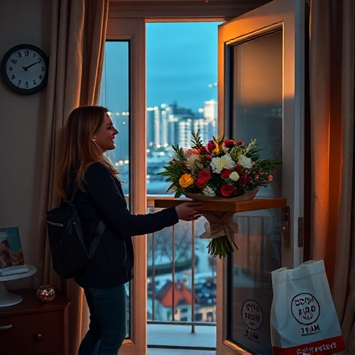 A cozy apartment interior at night with a delivery person handing a beautiful bouquet of fresh flowers to a smiling resident through an open door, soft warm lighting, city skyline visible through a window in the background, modern Russian urban setting, subtle details like a clock showing 2:00 AM and a flower delivery bag with logo