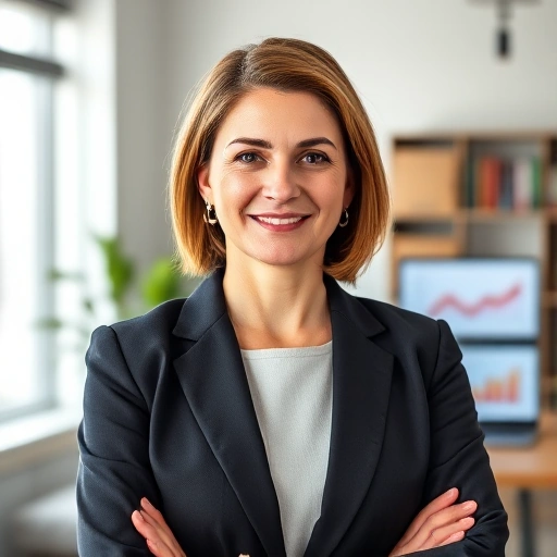 A professional portrait of a woman named Nadezhda Valerievna Baylo, middle-aged, with warm expression, wearing business attire, standing in a modern office setting with soft natural light, subtle background of bookshelves and a laptop screen displaying graphs, conveying trustworthiness and expertise in customer feedback analysis