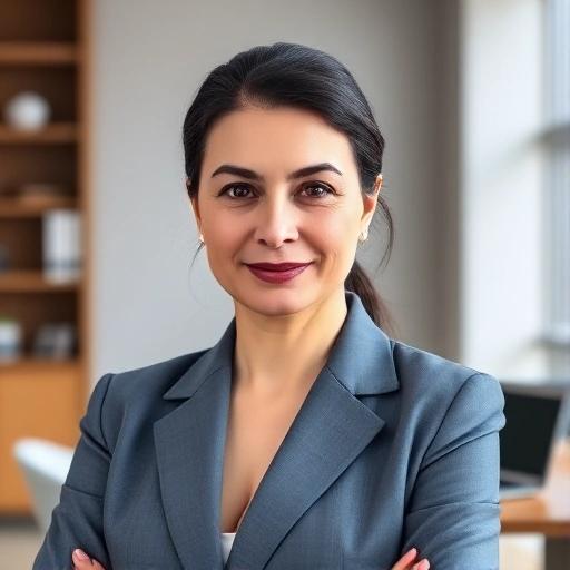 A professional portrait of a confident and composed woman named Nadezhda Valerievna Baylo, middle-aged, with neat dark hair pulled back, wearing a tailored business suit in soft blue or gray, standing in a modern office environment with subtle background elements like a bookshelf and a desk with a laptop, expressing professionalism and approachability through a calm, focused gaze and slight smile, high detail, realistic lighting, smallHQ style