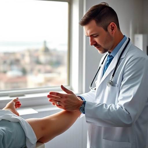 A professional trauma doctor in a modern hospital setting in Odesa, Ukraine, wearing a white coat and stethoscope, examining a patient's injured limb with focused concentration, soft natural lighting from a window showing distant cityscape of Odesa's historic architecture and Black Sea in the background, medical equipment subtly visible, realistic style, high detail, no text or symbols