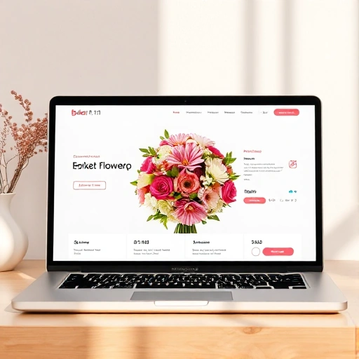 A modern, clean website interface of buket-71.ru displayed on a laptop screen, showing a vibrant bouquet of fresh flowers in the center, with intuitive navigation buttons for ordering, delivery options to Shchekino, and customer reviews subtly visible in the background; soft natural lighting, minimalist design, warm color palette emphasizing pinks, whites, and greens, no text overlays or watermarks