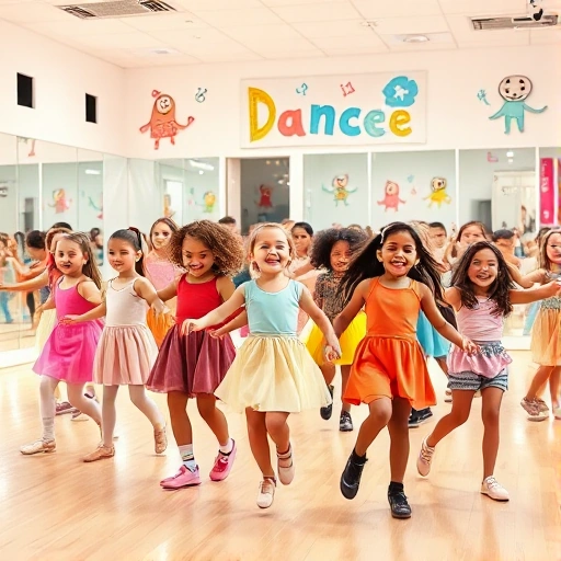 A vibrant and joyful scene of children of diverse backgrounds dancing in a bright, modern dance studio, showcasing various dance styles such as ballet, hip-hop, folk, and contemporary. The children are smiling, wearing colorful dance outfits, and moving energetically under soft studio lighting. Mirrors on the walls reflect their movements, and playful banners with dance-themed illustrations decorate the space. The atmosphere is lively, inclusive, and inspiring, emphasizing creativity and fun in