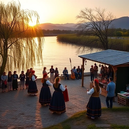 A cultural event on the riverbank at sunset, with traditional folk dancers in colorful costumes performing near wooden stalls displaying handmade crafts, lanterns hanging from trees, and a small stage with musicians playing acoustic instruments; the river reflects the warm golden light, with willow trees lining the shore and distant hills fading into twilight; peaceful, vibrant, authentic atmosphere