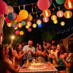 A joyful festive celebration with colorful balloons, confetti, and people laughing and dancing under string lights, a decorated table with cake and drinks, warm evening atmosphere, soft glowing lanterns, diverse group of friends and family enjoying music and games, no text or signs visible
