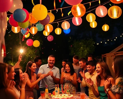 A joyful festive celebration with colorful balloons, confetti, and people laughing and dancing under string lights, a decorated table with cake and drinks, warm evening atmosphere, soft glowing lanterns, diverse group of friends and family enjoying music and games, no text or signs visible