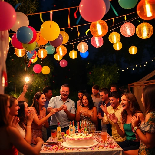 A joyful festive celebration with colorful balloons, confetti, and people laughing and dancing under string lights, a decorated table with cake and drinks, warm evening atmosphere, soft glowing lanterns, diverse group of friends and family enjoying music and games, no text or signs visible