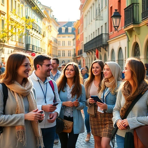 A group of diverse tourists enjoying a scenic walking tour with professional guides from 'Лучшие гиды' in a historic European city, cobblestone streets, colorful old buildings, sunlight filtering through trees, people laughing and pointing at landmarks, guides holding small flags or tablets, warm and inviting atmosphere, high detail, realistic photography style