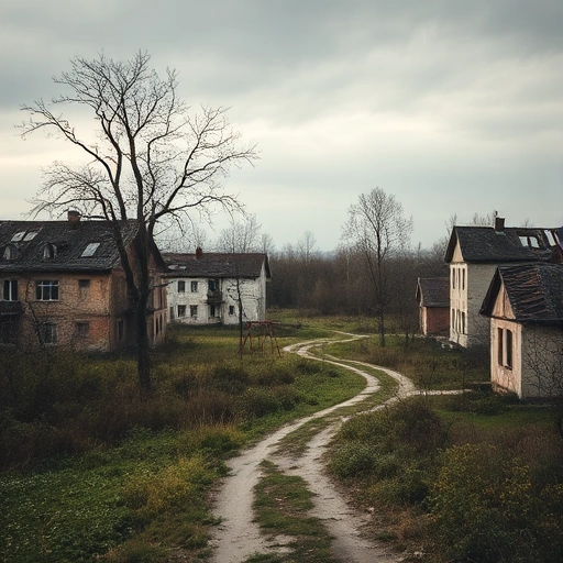 A hauntingly beautiful overgrown path winding through the ruins of abandoned Soviet-era settlements, with crumbling concrete houses, broken windows, rusted playground equipment, and skeletal trees growing through collapsed roofs, under a soft overcast sky with diffused morning light, evoking silence and forgotten time