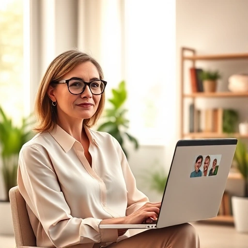 A professional female psychologist in her late 30s, wearing a soft-colored blouse and glasses, sitting calmly in a bright, minimalist home office with indoor plants, a laptop open showing a video call interface, and a bookshelf with psychology books in the background; warm natural light from a window, serene and trustworthy atmosphere, high detail, realistic style