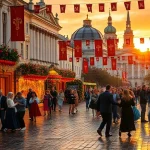 A festive celebration in the heart of Saint Petersburg, featuring the historic Winter Palace and Nevsky Prospekt adorned with colorful banners, lanterns, and floral arrangements; people in traditional and modern attire dancing and enjoying street performances under a golden sunset, with the spire of the Peter and Paul Cathedral visible in the distance, soft glowing lights reflecting on wet cobblestones after light rain, ultra-detailed, cinematic lighting, no text or signs