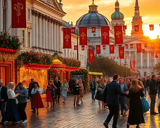 A festive celebration in the heart of Saint Petersburg, featuring the historic Winter Palace and Nevsky Prospekt adorned with colorful banners, lanterns, and floral arrangements; people in traditional and modern attire dancing and enjoying street performances under a golden sunset, with the spire of the Peter and Paul Cathedral visible in the distance, soft glowing lights reflecting on wet cobblestones after light rain, ultra-detailed, cinematic lighting, no text or signs