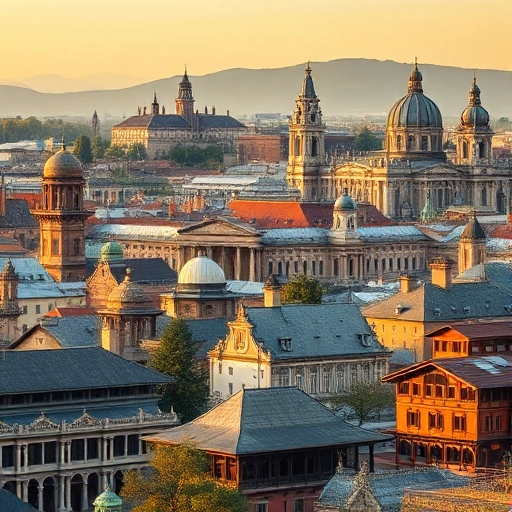 A panoramic view of historic landmarks and architectural monuments from different eras and cultures, including ancient temples, medieval castles, Gothic cathedrals, classical colonnades, and traditional wooden houses, all harmoniously arranged in a serene landscape under soft golden hour lighting, with no modern structures visible