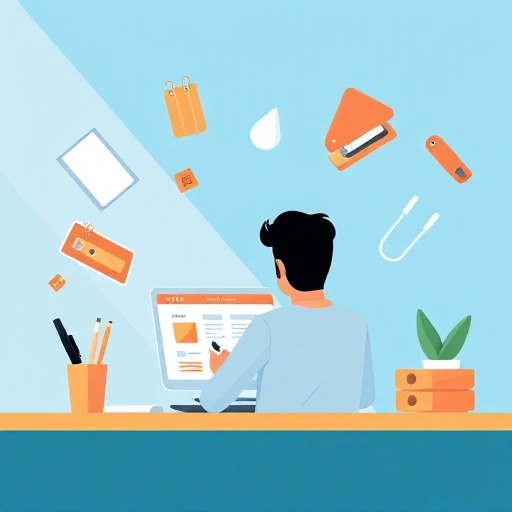 A modern, clean illustration of a person shopping online for affordable office supplies on a laptop, with icons of pens, notebooks, staplers, and paper clips floating around the screen, soft natural lighting, minimalistic design, flat vector style, no text or labels visible