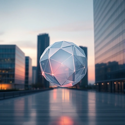 A minimalist, high-quality abstract representation of a glowing geometric sphere (B-Shar) floating in a serene, modern urban environment at twilight, with soft ambient light reflections on nearby glass buildings and subtle digital data streams flowing around it like auroras, symbolizing its significance in contemporary society as a fusion of technology, balance, and human connection