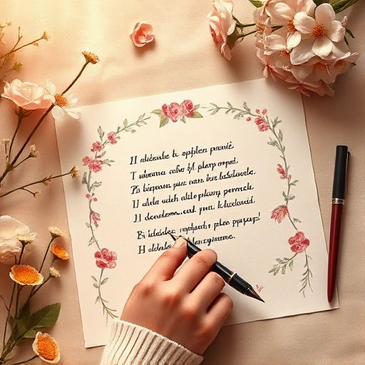 A warm, artistic scene of a person writing a heartfelt greeting card with poetic verses and floral decorations, soft pastel colors, gentle lighting, handwritten style text in Cyrillic (no actual letters visible, only suggestive brushstrokes), surrounded by blooming flowers, ink pens, and parchment paper, evoking tenderness and creativity in the art of crafting wishes