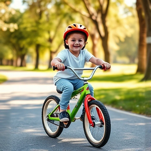 A cheerful child riding a colorful children's bicycle on a sunny park path, wearing a helmet and smiling, with trees and grass in the background, soft natural lighting, realistic style, high detail, no text or logos