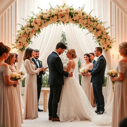 A romantic wedding scene with a bride and groom standing under a floral arch, surrounded by elegant guests in formal attire, soft natural lighting, pastel color palette, delicate details like lace, flowers, and candlelight, warm and intimate atmosphere