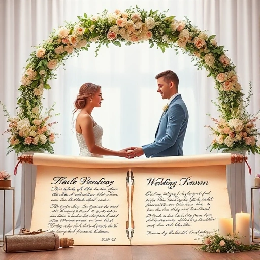 A serene wedding scene featuring a couple exchanging vows under a floral arch, with elegant handwritten wedding poems displayed on a vintage parchment scroll beside them, soft pastel colors, gentle lighting, and delicate floral decorations