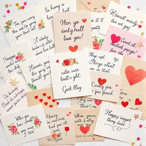 A creative collage of diverse greeting cards with handwritten messages, floral decorations, and symbolic elements like hearts, stars, and confetti, arranged in a warm, artistic composition suggesting thoughtful selection of personalized wishes
