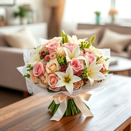 A beautifully arranged custom flower bouquet on a wooden table, featuring elegant roses, lilies, and seasonal flowers in soft pastel colors, wrapped in delicate lace and satin ribbon, with soft natural lighting and a blurred background of a cozy living room, emphasizing personalization and emotional significance for special occasions