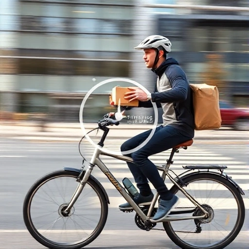 A modern delivery courier on a bicycle speeding through a city street with blurred motion, holding a small package with a clock icon overlay showing 'within hours', bright daylight, urban background with glass buildings and subtle motion lines to emphasize speed, clean and professional aesthetic