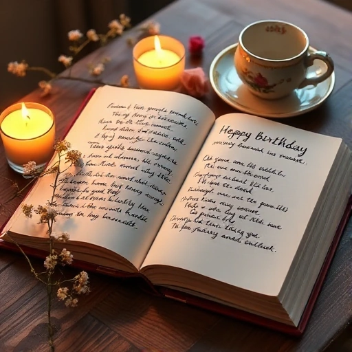 A warm, cozy scene of an open book with handwritten birthday poems in elegant cursive, surrounded by soft candlelight, delicate flowers, and a vintage teacup on a wooden table, evoking a heartfelt and personal celebration of poetry on a birthday