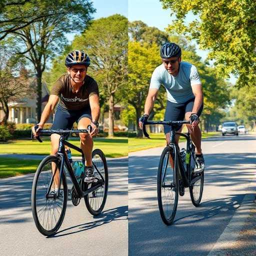 A cyclist riding a bicycle with a small frame, showing discomfort and strain in posture, contrasted with another cyclist on a properly sized frame riding smoothly and efficiently, both on a sunny suburban road with trees and pavement, realistic lighting, detailed clothing and bike components, no text or symbols visible