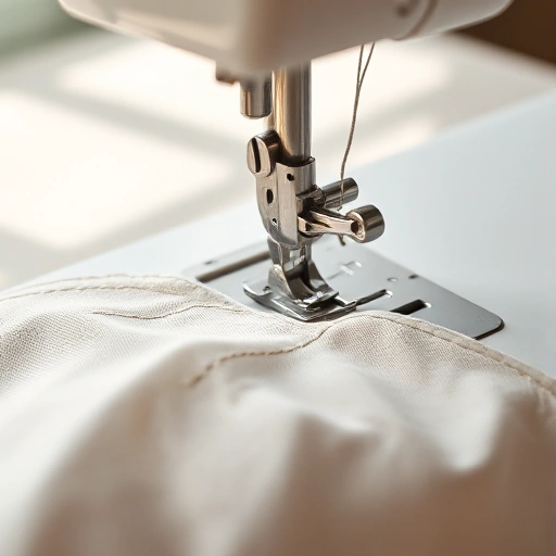 A close-up of a sewing machine stitching a fabric cover with visible thread and needle, soft natural lighting, detailed texture of fabric and stitching, minimal background, focus on craftsmanship