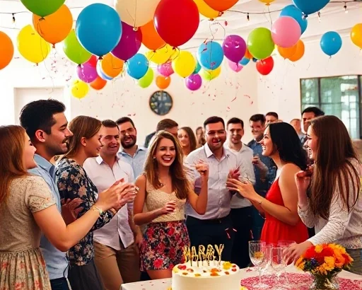 A cheerful party organization scene with colorful balloons, confetti, smiling people dancing, a decorated table with cake and drinks, string lights overhead, and a festive atmosphere in a bright indoor venue