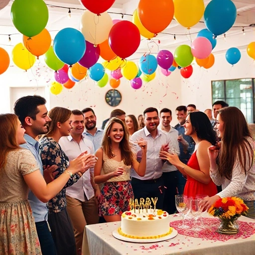 A cheerful party organization scene with colorful balloons, confetti, smiling people dancing, a decorated table with cake and drinks, string lights overhead, and a festive atmosphere in a bright indoor venue