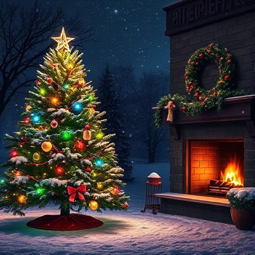 A serene winter night scene with a decorated Christmas tree glowing with colorful lights, snow gently falling, and a cozy fireplace in the background, symbolizing the art of creating festive poems