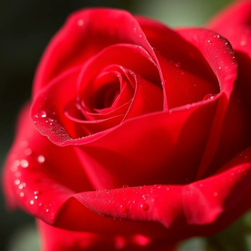 A close-up of a single red rose with delicate petals, dew droplets on the surface, soft natural lighting, shallow depth of field, emphasizing texture and elegance, symbolizing tenderness and passion