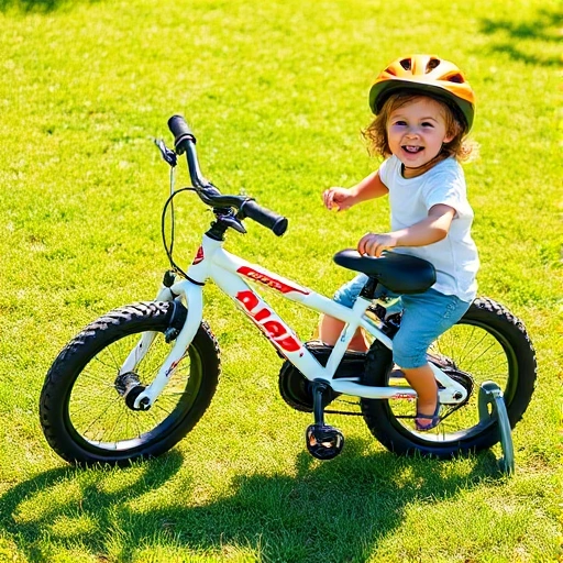 A child's bicycle with training wheels, parked on a grassy lawn under bright daylight, showing clear details of the wheels, frame, handlebars, and seat, with a cheerful child nearby wearing a helmet, smiling and reaching toward the bike, soft natural lighting, high detail, realistic style