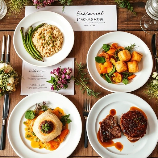 A beautifully arranged wedding menu display featuring seasonal dishes with diverse ingredients, including spring asparagus and pea risotto, summer grilled vegetables and citrus-marinated fish, autumn roasted root vegetables and spiced pear tart, and winter braised beef and mulled wine reduction, all presented on elegant white porcelain with subtle floral garnishes, soft natural lighting, and a rustic wooden table background