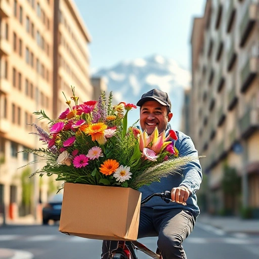 A vibrant bouquet of fresh flowers being delivered by a smiling courier on a bicycle in a sunny Almaty street, with modern buildings and the Tien Shan mountains in the background, soft natural lighting, realistic details, warm colors, no text or signs