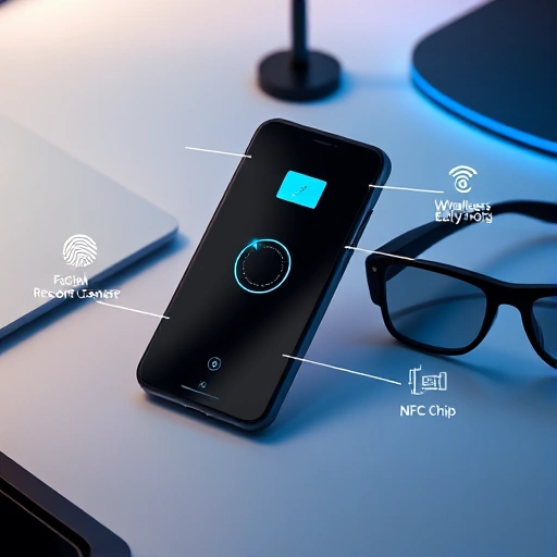 A modern smartphone with multiple additional features highlighted: a fingerprint sensor, facial recognition camera, wireless charging pad, NFC chip, and augmented reality glasses nearby, all connected by subtle glowing lines to show integration, set on a sleek minimalist desk with soft ambient lighting, futuristic but realistic design